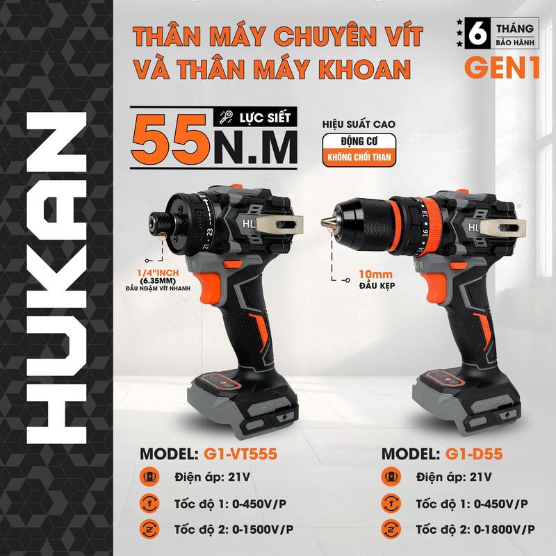  Hukan COMBO Thân máy chuyên vít G1-VT555 & Thân Máy khoan G1-D55 Lực siết 55N.M Hiệu suất cao Không chốt thân 21V 