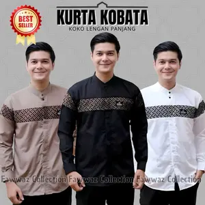 Baju Koko Kurta Kobata Dewasa Lengan Panjang Pria Muslim Terbaru Kombinasi Batik Katun Atasan Nyaman Motif Formal Bordir Lebaran Putih Hitam