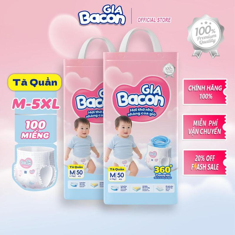  Tã Quần Tã Dán GiaBacon 100 50 Miếng Chống Hăm Size S-5XL Siêu Mỏng Thấm Hút Tốt 