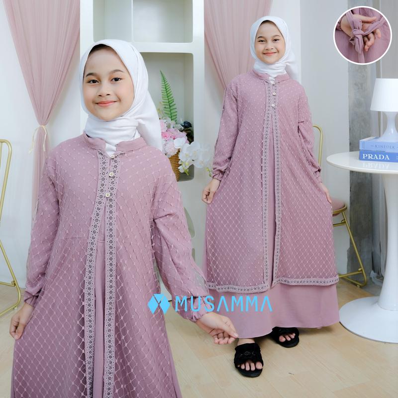 DRESS ANAK RAISA  - Gamis Crinkel Premium Mix Brokat Tile Malika Kancing aktif dan Wudhu Friendly dress anak tanggung 1