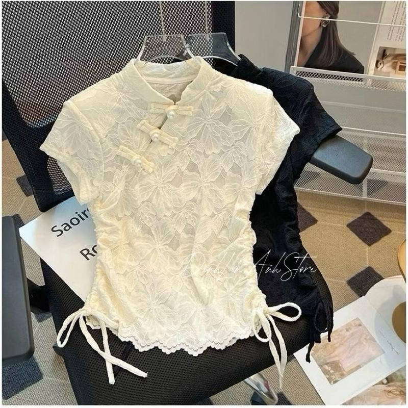  Áo Ren Cổ Tàu đính nút Ngọc phong cách tiểu thư nhẹ nhàng - DinhLanAnhStore 