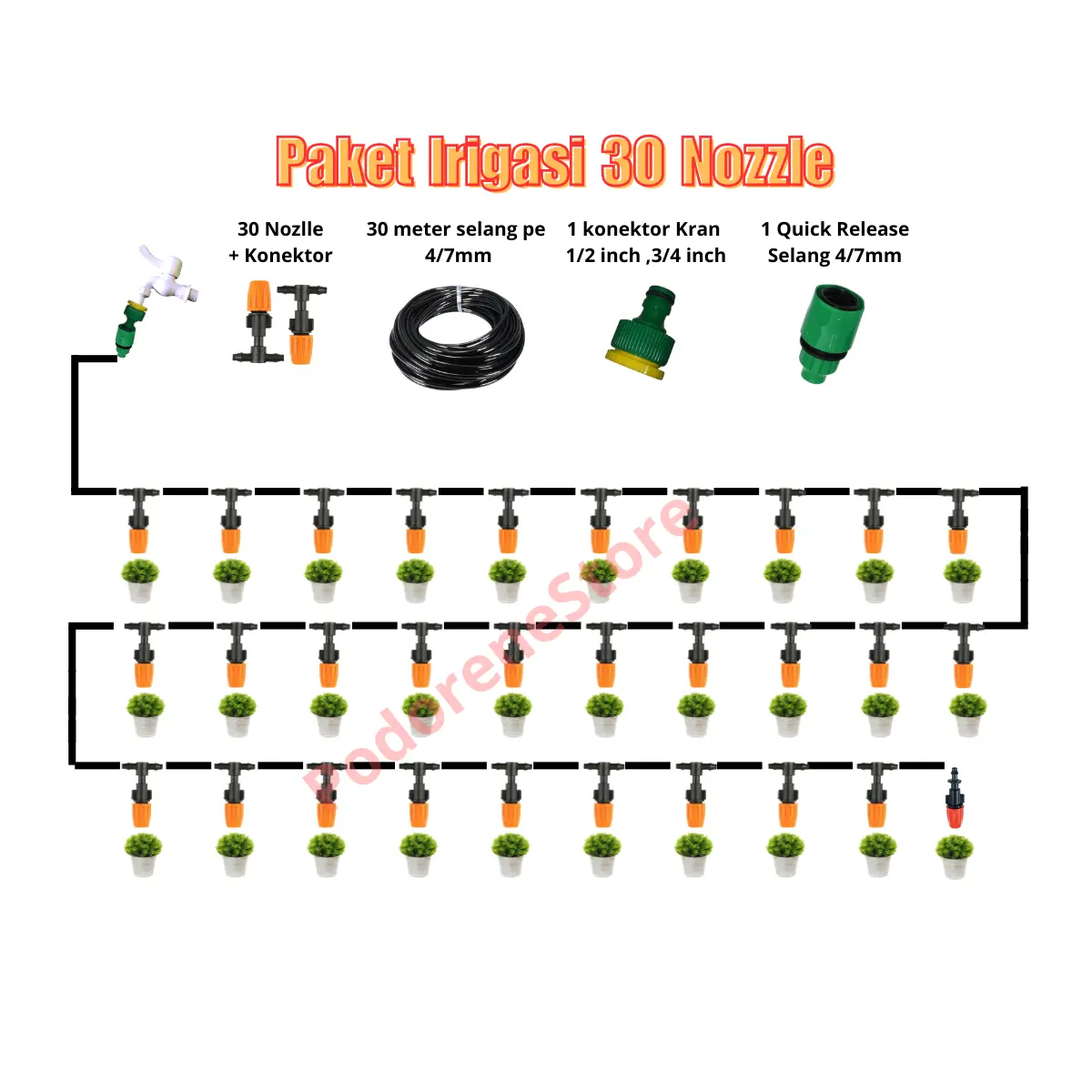 Paket Irigasi 30 titik 30 Nozzle Sistem Irigasi Penyiraman Sistem Kabut