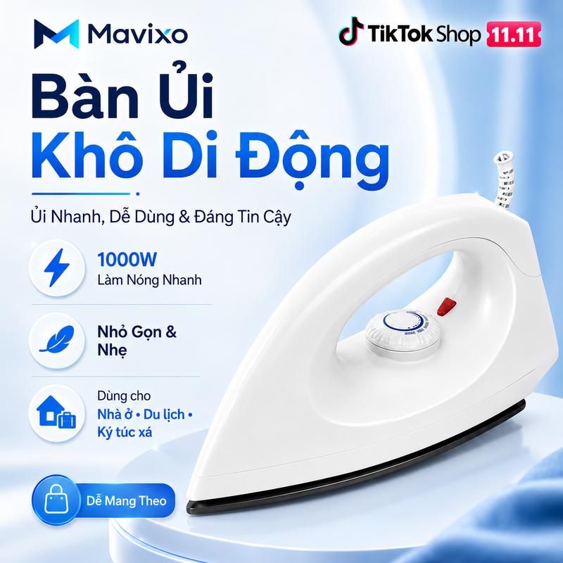 Mavixo Bàn ủi khô chống dính 1000W với chức năng tự động tắt nguồn và điều khiển nhiệt độ, thiết kế cầm tay - dùng để ủi quần áo.