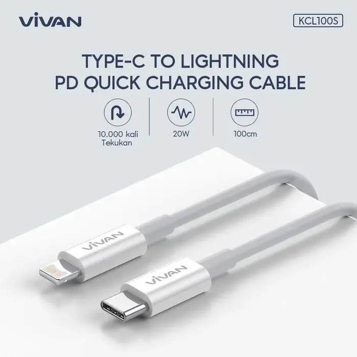 VIVAN KCL100S KABEL DATA USB TYPE-C TO LIGHTNING/IPHONE WHITE 1 METER 2,2A 20W FAST CHARGING POWER DELIVERY