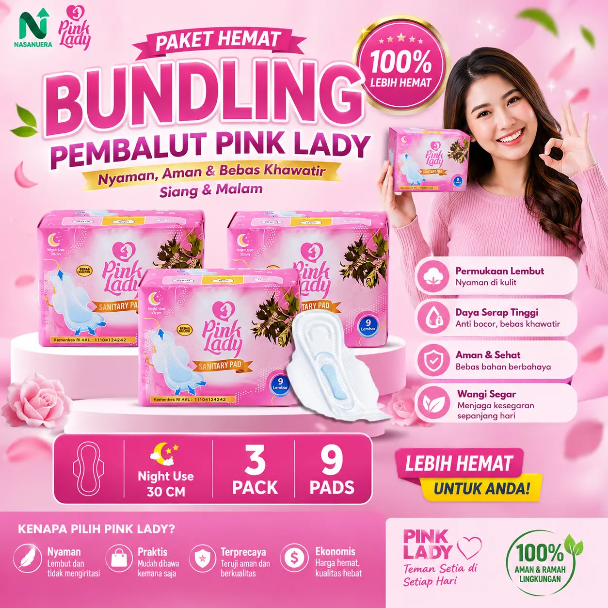 Paket Bundling Pembalut Pink Lady Night Original 3 Pcs | Nyaman Semalaman & Paket Hemat