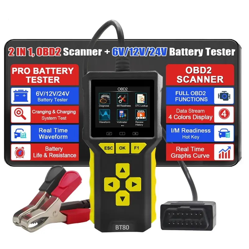 BT80 2 IN 1 OBD2 II Scanner Mobil dan Battery Baterai tester Pembaca Cek Kode Diagnostic OBD 2 BT 80 BT-80 Error Code Check Engine + Aki Test 0