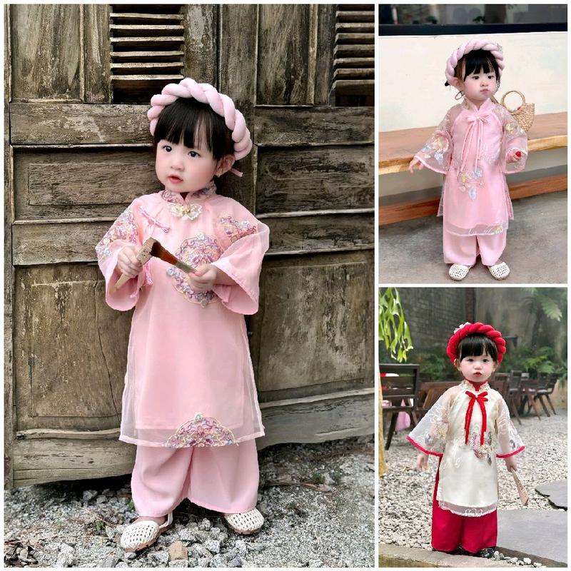  Áo Dài Tơ Thêu Hoa Sen Hồng Quần Hồng Kèm Mấn 3-17 Kg,Áo Dài Tết Cho Bé Gái 