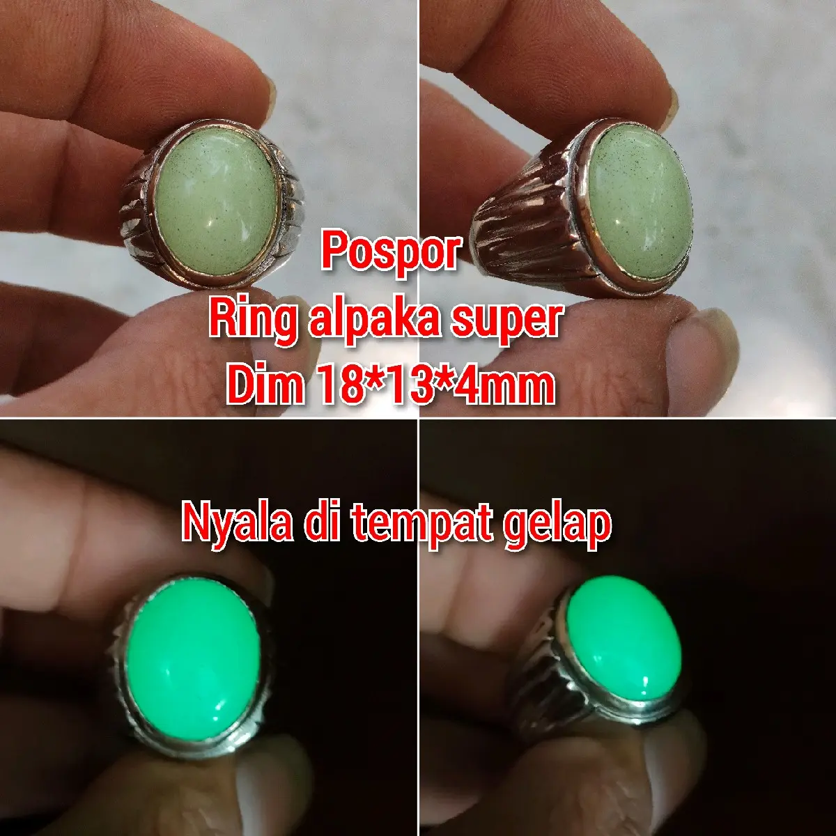 CINCIN PRIA BATU POSPOR NYALA DALAM GELAP RING ALPAKA