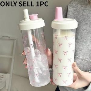 Botella de agua con pajita con lindo diseño de lazo, 1 unidad, portátil y de gran capacidad, con tapa; botella para beber para el hogar, oficina, escuela y actividades al aire libre; artículos para bebidas #TOP PICKS