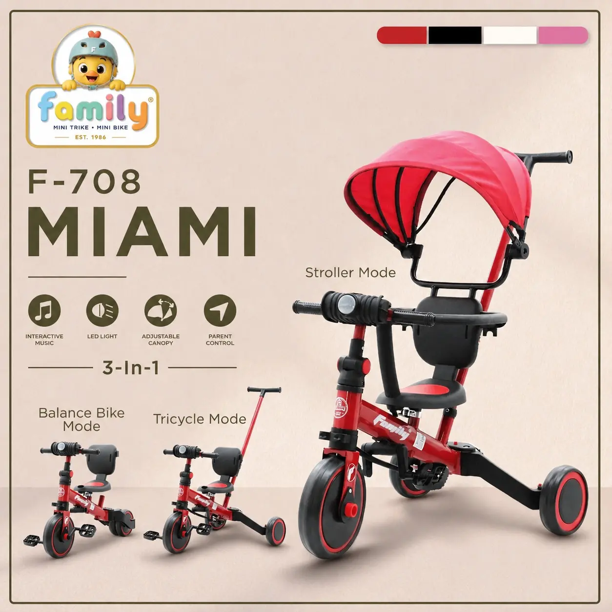 Family Balance Bike / Sepeda Anak Roda 3 / Stroller Anak Tricycle 3 in 1 Dorongan dan Musik SNI