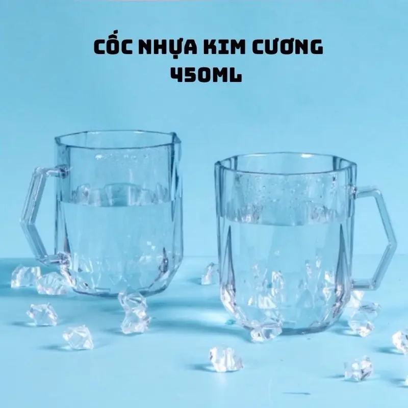 Cốc Nhựa Kim Cương Trong Siêu Dày Không Vỡ Chịu Nhiệt  Cao 450ML, 460ML Có Quai Cầm Uống Bia, Cốc Nước, Cốc Sinh Tố Siêu Đẹp Nhựa (Mã 6388, 6389 quai) 0