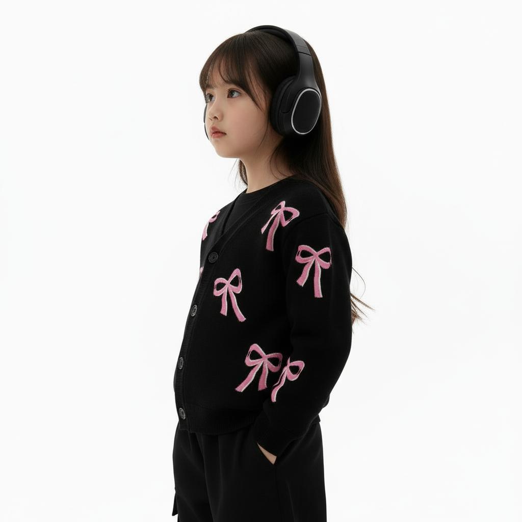 CAIFU Cardigan Pita Hitam Anak Perempuan Cardi Lengan Panjang Atasan Y2K Usia 3-12 Tahun Bahan Lembut Halus Nyaman Adem Variasi Warna Pastel Cantik Fashion