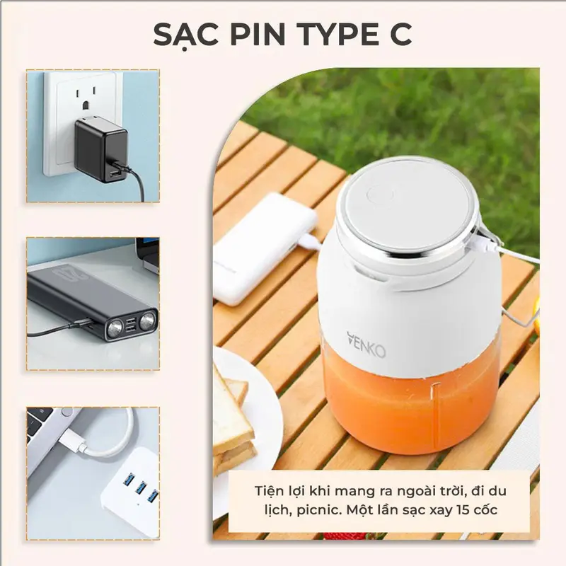 Máy xay sinh tố Venko VK-PB1300 Dung tích 1300ml Lưỡi dao 10 cánh Xay mạnh mẽ Máy xay sinh tố cầm tay không dây dùng pin 4