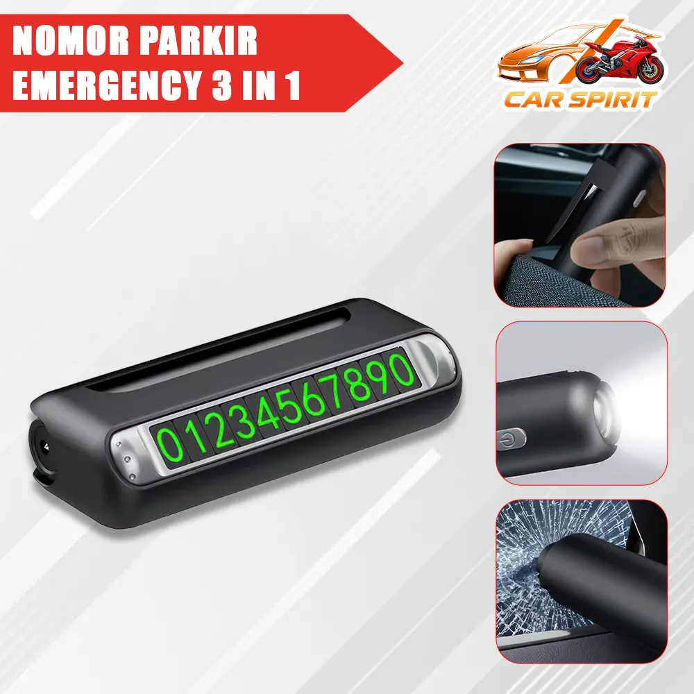 Nomor Parkir Mobil 3in1 Temporary Parking Number Card Senter LED Emergency Hammer
