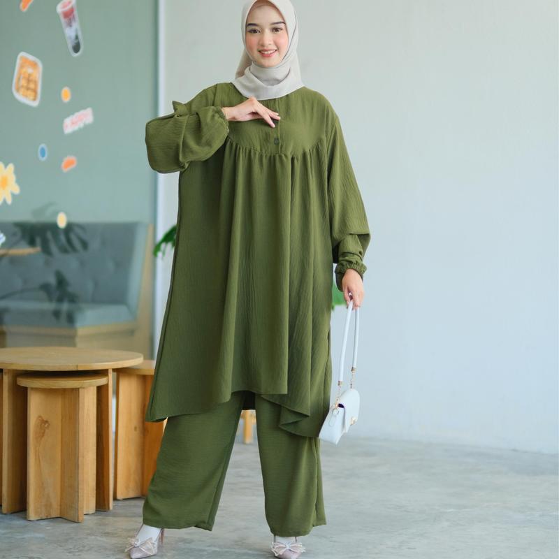 WAGA Setelan Crinkle Jumbo LD 130 150 Baju Tunik Set Kekinian Untuk OOTD Rempel XXXL Airflow Kancing Kantong Karet 1