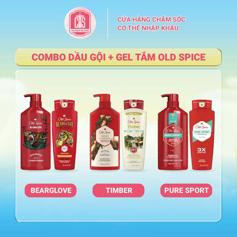 Old Spice Combo Dầu Gội & Gel Tắm 2in1 650ml + 473ml Hương Thick&Full Bearglove Pure Sport Dưỡng Body Da Body