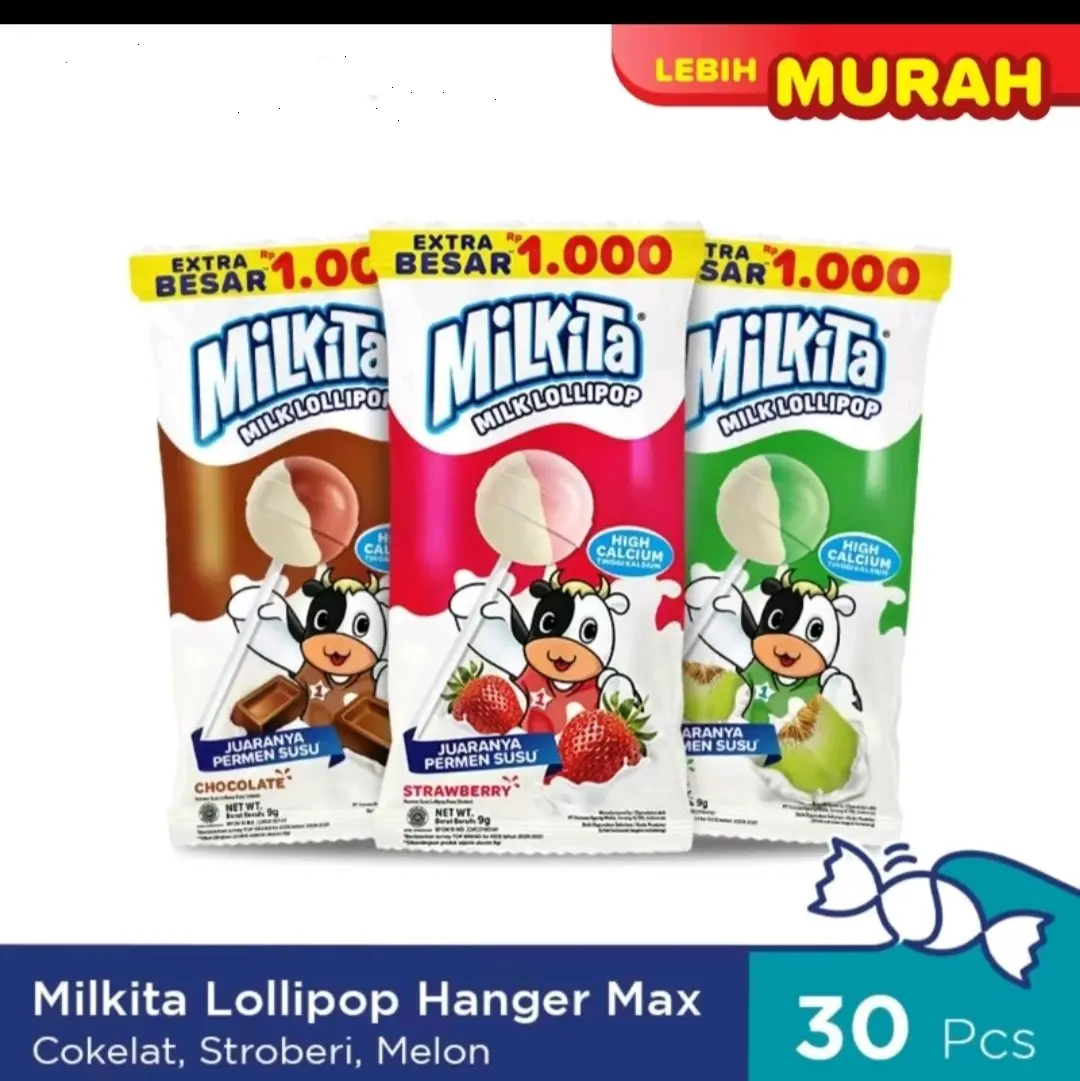 Milkita Permen Susu Lollipop Hanger Max - Milk Candy 1 Bag (isi 30pcs) @9gram Coklat,melon,strawberry