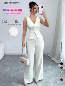 Conjunto de dos piezas para mujer en color sólido con top de cuello en V y pantalones, conjunto cómodo y casual de moda para uso diario al aire libre, ropa de verano para damas