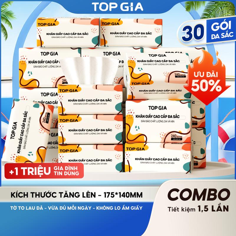 (HÀNG CHẤT LƯỢNG CAO - TOPGIA) Thùng 30 Gói Giấy Đa Sắc TopGia, Giấy Ăn Cao Cấp Dập Vân 4D, 4 Lớp, Dai, Mềm Mịn, Khăn Giấy Vệ Sinh, Khăn Giấy Gia Đình Đa Năng. ĐẠT QUY CHUẨN CỦA BỘ CÔNG THƯƠNG. (VH1)