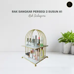 RAK SANGKAR PERSEGI 2 SUSUN A1 ALAS MARBLE - RAK BESI DAN KAYU - RAK SERBAGUNA Gold