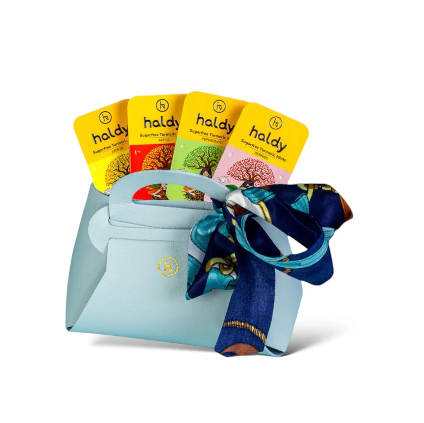 Haldy Designer Mini (Light Blue bag) + All 4 Flavours of Sugarfree Turmeric Mints Snack Candy