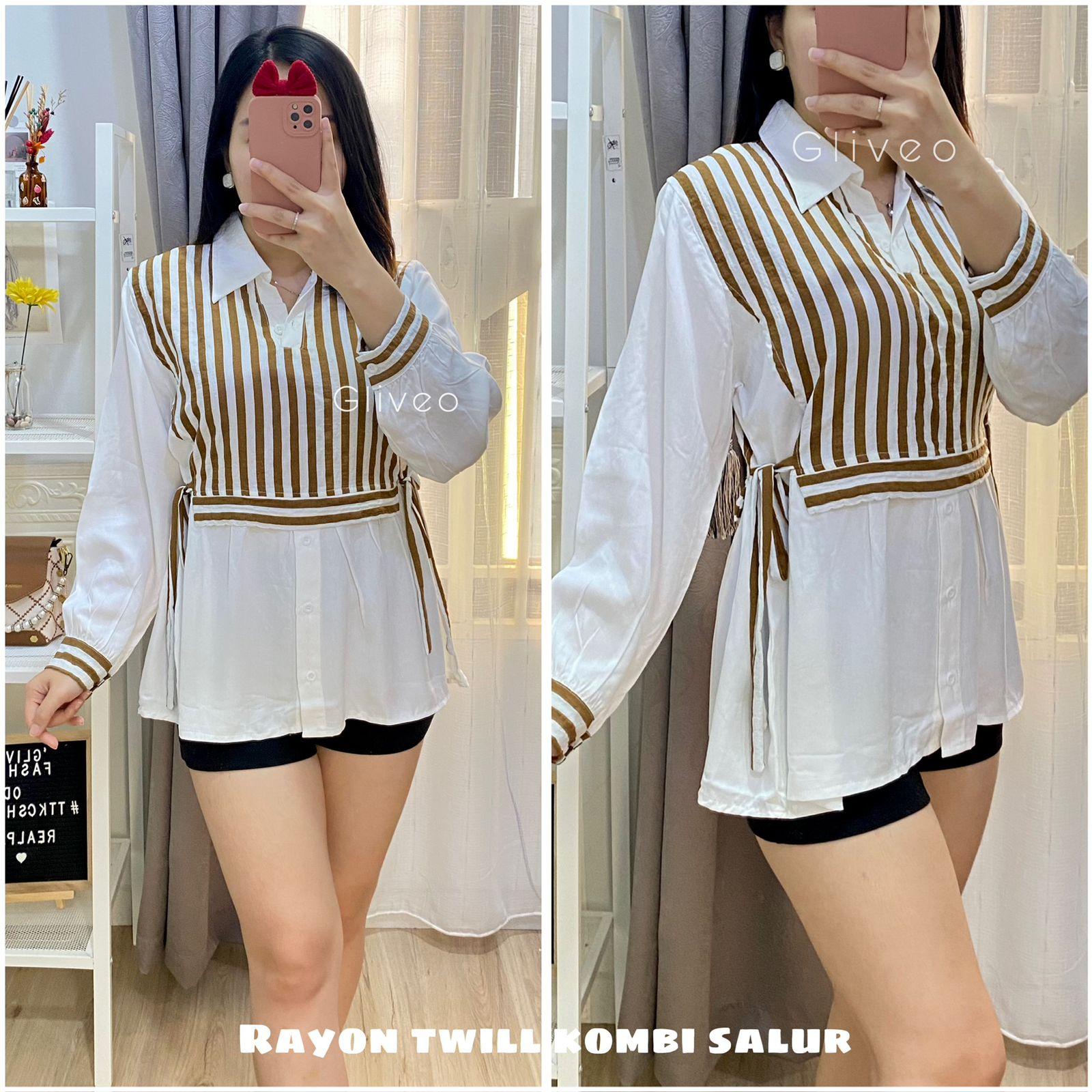 GLIVEO (COD) - KEMEJA KOMBI SALUR RAYON TWILL ADEM / KEMEJA SALUR WANITA LENGAN PANJANG/ ATASAN LENGAN PANJANG WANITA baju karya stripe