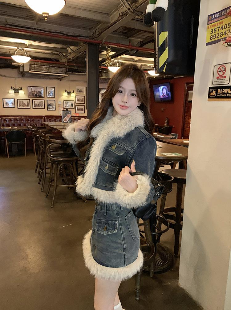 Product Introduction of Fujia Qianjin-Áo Khoác Denim Chần Bông Dày Lót Lông Cừu Cho Nữ, Váy Cạp Cao, Trang Phục Thời Trang Mới Mùa Đông 2023 21