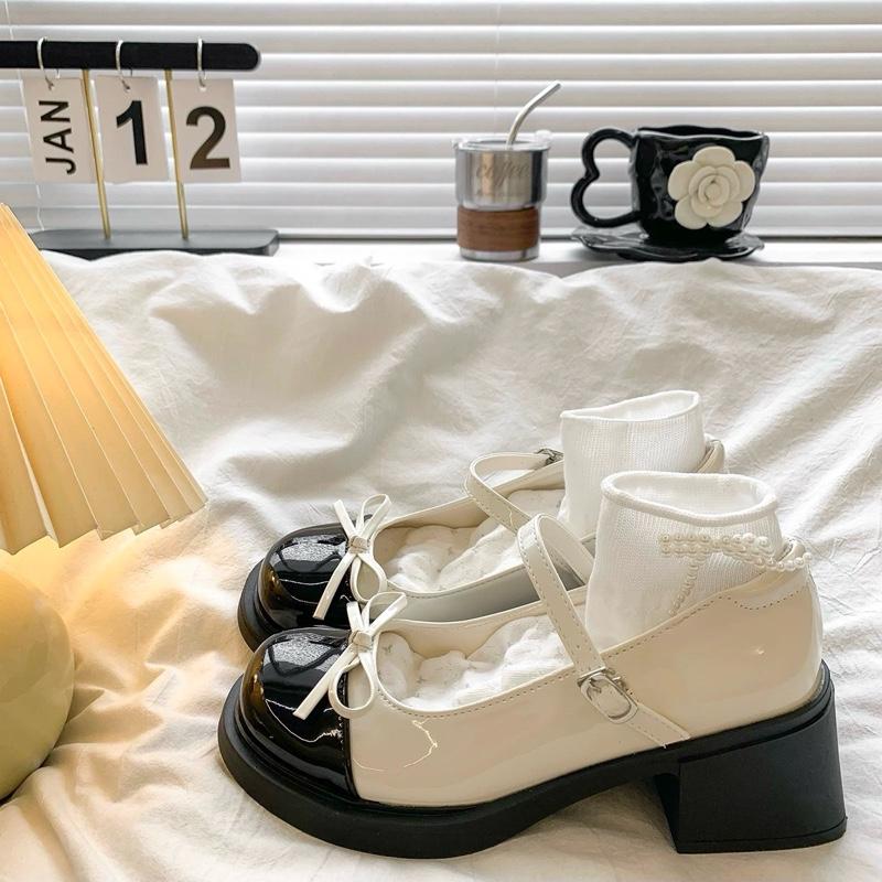  Giày búp bê lolita nữ cao gót 5p gắn nơ giữa thời trang mới 