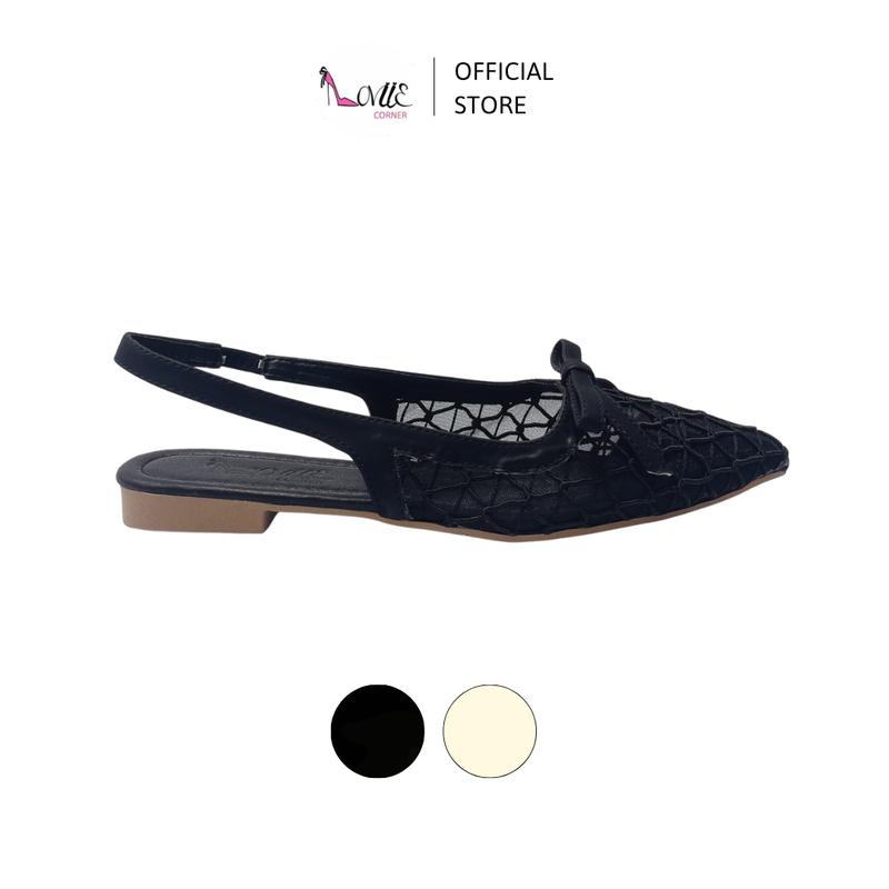 LOVIIECORNER - FORM TO - GIÀY SANDAL LƯỚI BÍT MŨI NHỌN ĐÍNH NƠ - SANDAL lolita đi học NỮ  MÙA HÈ ĐẾ THẤP MŨI NHỌN HỞ HẬU ĐẾ 2CM - GIÀY SANDAL LƯỚI THỜI TRANG HÀN QUỐC- S250703 dép bệt guốc