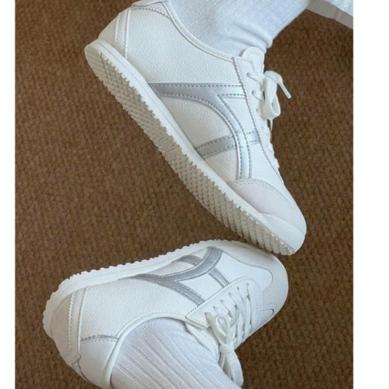 【new】 Giày Thể Thao Nữ Thắt Dây Dáng Bệt Giày Sneakers Nữ Màu Trắng Kẻ Bạc Thời Trang Retro Basic Đi Chơi Dễ Phối Đồ Giá Rẻ