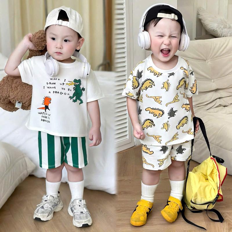  Bộ Quần Áo Cho Bé Trai Họa Tiết Khủng Long Vàng Xanh Chất Liệu Cotton Mịn Size 8-20kg 