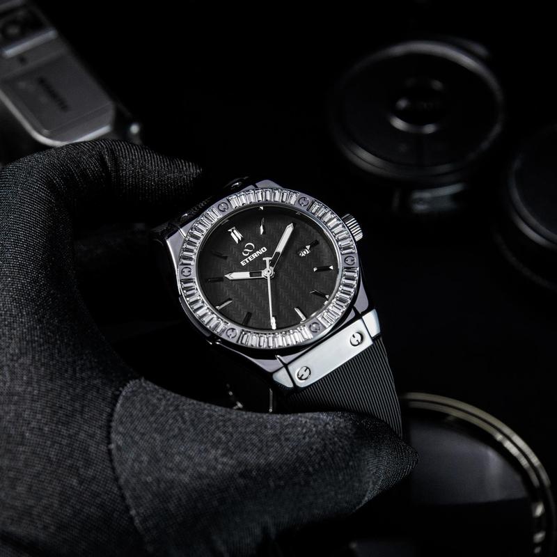 Đồng Hồ Nam ETERNO E25-0070 Dây Cao Su Đen, Viền Đính Đá Cao Cấp Pin Fullbox