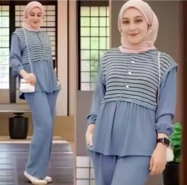 Azzura Aprillia one set kombinasi panjang crinkle airflow - setelan wanita terpopuler