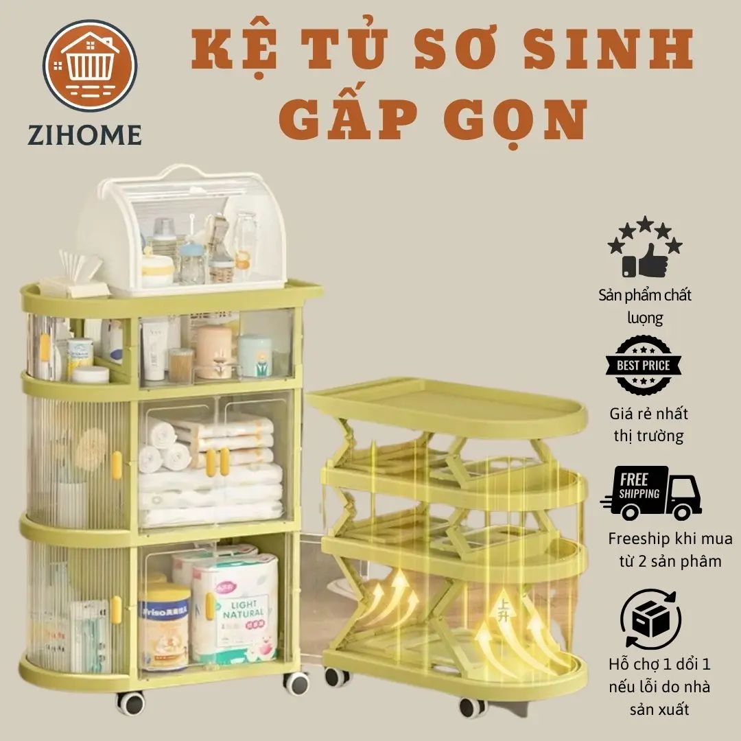 Tủ để đồ gấp gọn đa năng kèm giá úp bình sữa- tủ đồ gấp gọn cho bé có bánh xe di chuyển dễ dàng