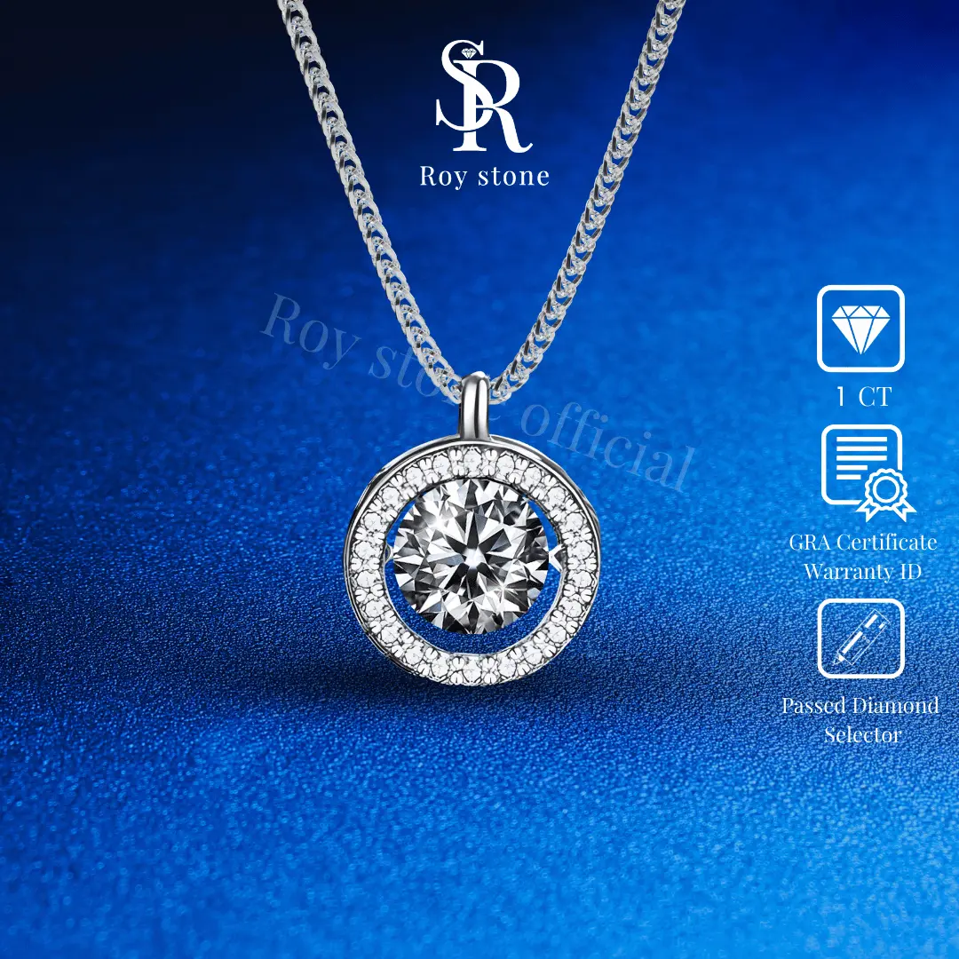RoyStone – Kalung Moissanite Original Wanita Sertifikat GRA Perhiasan Silver Asli Lapis Emas Putih 18K Anti Karat Desain Simpel Elegan Wedding Engagement Necklace Birthday Gift_ Luna Necklace