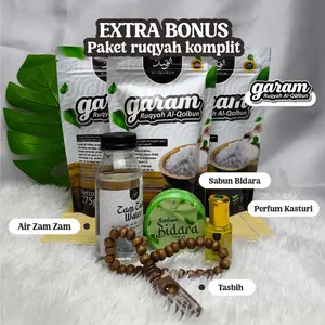 Paket Lengkap Ruqyah Al-Qolbun Garam Ruqyah 275 gram dapat 3, Bonus Parfum Kasturi, Air Zam-Zam, Tasbih, dan Sabun Bidara