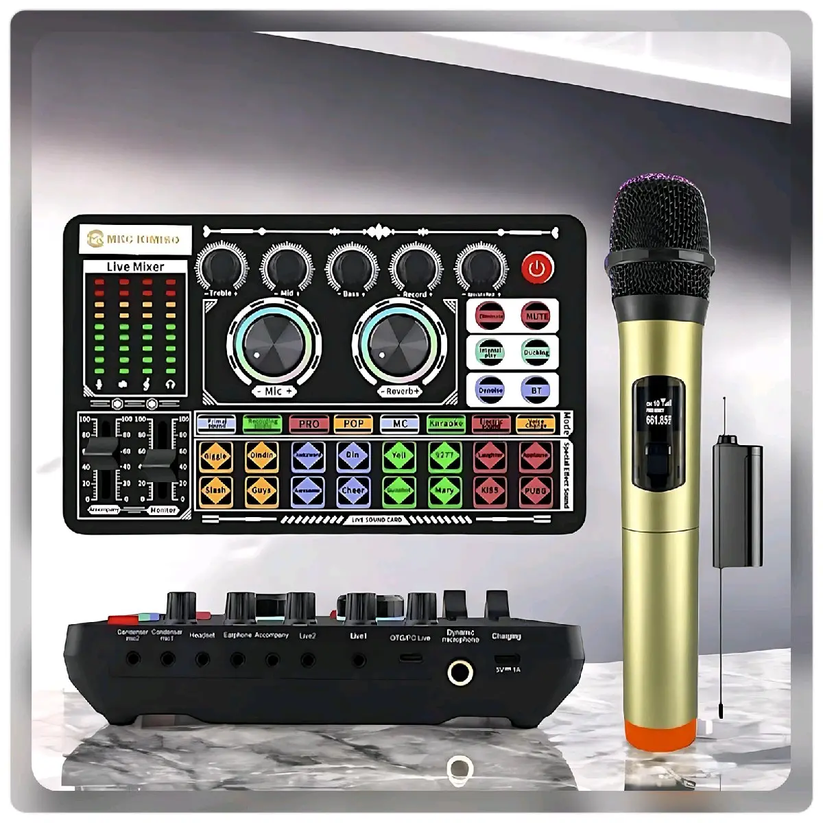 Paket Sound Card F999+MKF-01 Plus Mic Wireless alat Live streaming maupun karaokean Soundcard Kartu Audio Laptop