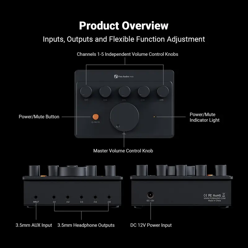Fosi Audio Amplifier Headphone Splitter 5 Channel Independent Control ...