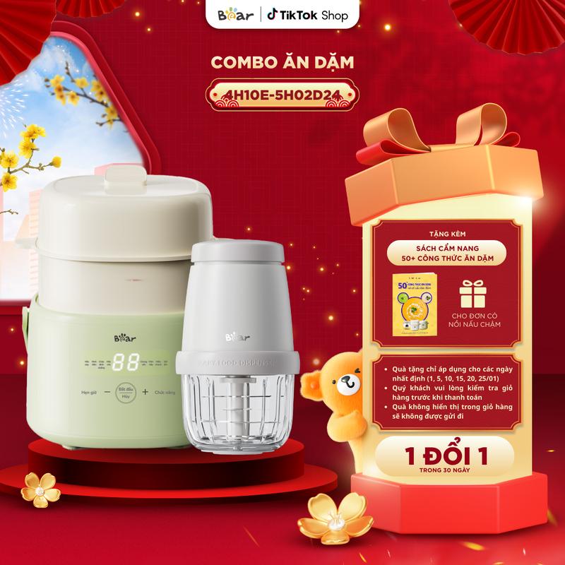 Tặng Cẩm Nang ăn dặm Combo Nồi Nấu Cháo Chậm Bear 1.0L 4H10E và Máy Xay Ăn Dặm 0.3L CH-5H02D24 Cho Bé Ăn Dặm Nồi Nấu Chậm Máy Xay Thực Phẩm