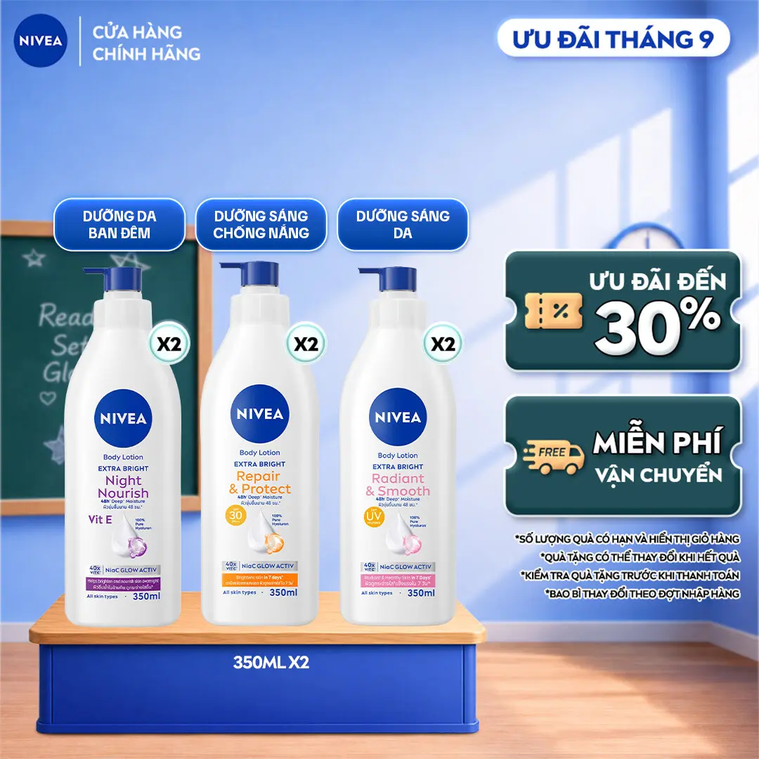 Bộ 2 Sữa Dưỡng Thể NIVEA Extra Bright Dưỡng Sáng Mịn Da/Chống Nắng Ban Ngày/Sáng Da Ban Đêm (350mlx2) - 88311/98413/98412