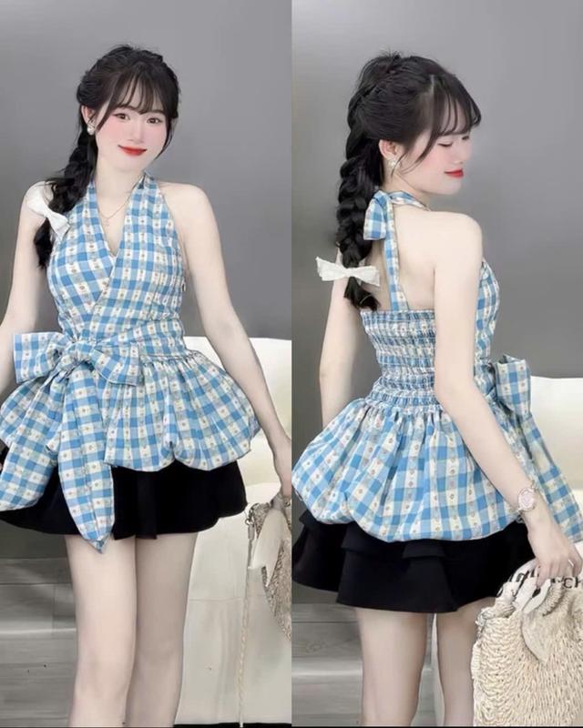 sét đồ nữ áo thiết kế cổ yếm in hoa kèm chân váy xếp tầng có lót xinh xắn cho các nàng diện đi chơi đi tiệc