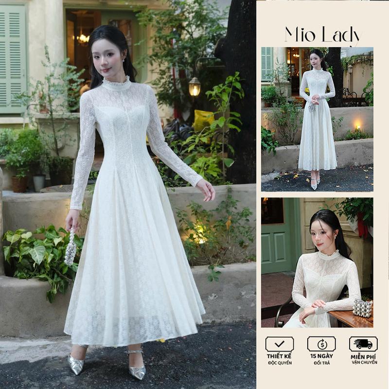 Váy ren hoa cổ bèo dáng xoè dài tay lót cotton co giãn – Mio Lady