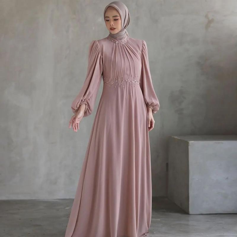 Kamari Dress Model Polos Gamis Ceruty Babydoll Full Furing Aplikasi Mutiara Tangan Balon Nyaman Kondangan Cantik - Muslim Pesta Mewah Lebaran baju sarim bit brokat miagama melayu murah simpel syari muslimah swaroxy vina dres marun burgundy brukat ceruty b 3