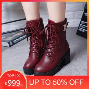 Vintage Women Boots England Style Fashion Lace-up Chunky Heel Martin Boots indotex