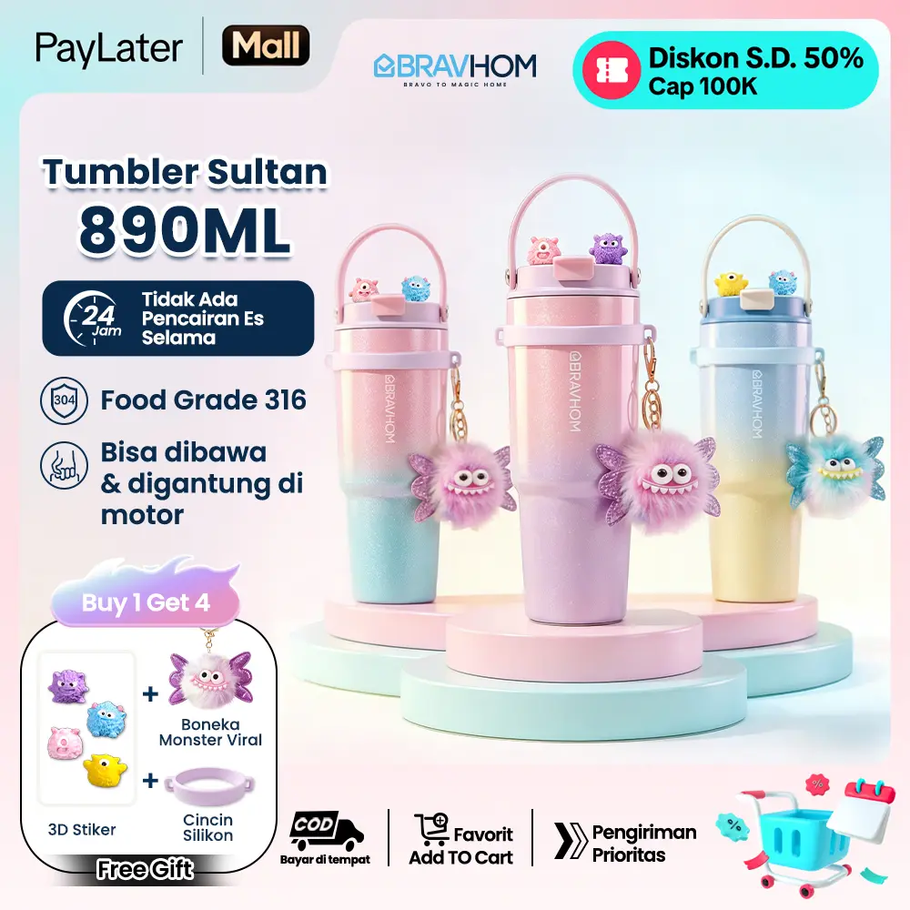 【Exclusive for live streaming】(COD)Bravhom Gradasi Botol Tumbler Stainless Steel 316 Bisa Tahan Dingin & Panas  tumblers stainless Botol Minum Trendi untuk Travel & Sehari-hari Kapasitas 890ml water cup cangkir Portabel BT06