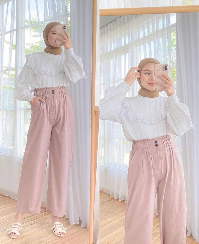 Celana Kulot Wanita Kancing Linen Crinkle Kekinian // Celana Highwaist Loose Pants Trousers - Celana Kerja Wanita Kantor - Celana Kulot Wanita 5