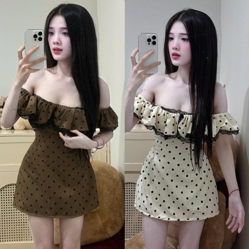 Đầm kiểu nữ trễ vai phối viền ren dáng ngắn có mút kèm quần PLD425