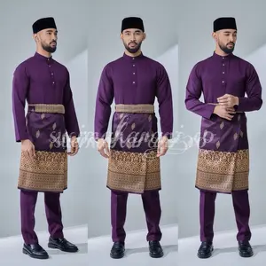 Setelan Baju Melayu Pria Teluk Belanga Bahan Katun Toyobo Satu Set Cekak Musang Pakaian Koko Muslim Panjang Tebal Hitam Kain Tangan Pendek Dewasa