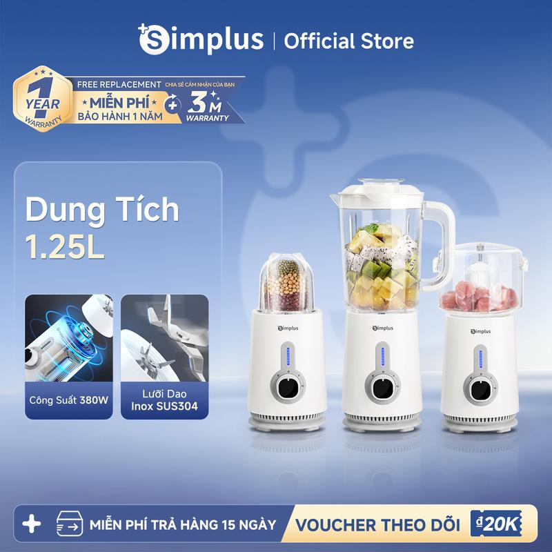 SimplusVN Máy xay đa năng 3 cối LLJH005WH01, Công suất mạnh mẽ 380W, Xay sinh tố, Xay thịt, Xay gia vị tỏi ớt, Lưỡi dao sắc bén đa dạng dung tích 1250ml-500ml-300ml