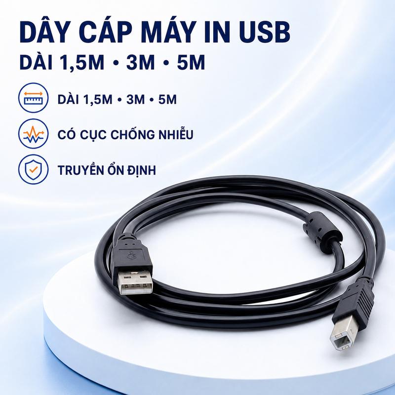 Cáp Máy In USB 2.0 Type-A Sang Type-B Dài 1,5m/3m/5m Có Cục Chống Nhiễu